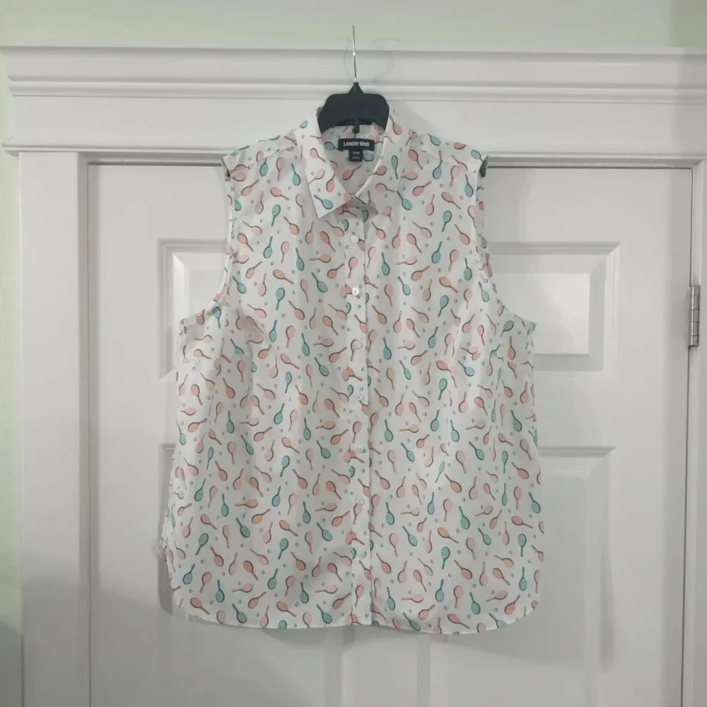 Lands' End Tennis Racket Print No Iron Supima Blouse - Picture 2 of 8